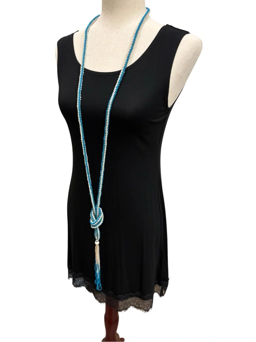 Antique Art Deco Blue & White Flapper Sautoir Beaded Lariat Necklace